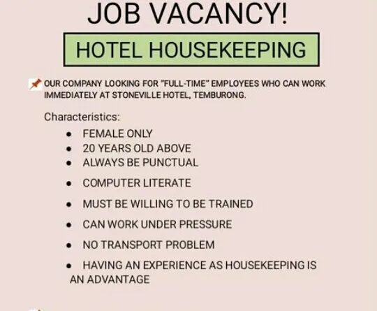 JOB Vacancy Cleaners, Housekeeper, Driver